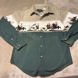 Roper Beige and Green Western Shirt with Horse Print